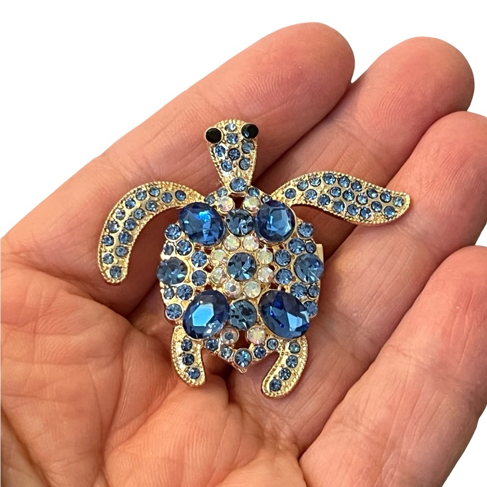 Gold Turtle Brooch with Blue Rhinestones